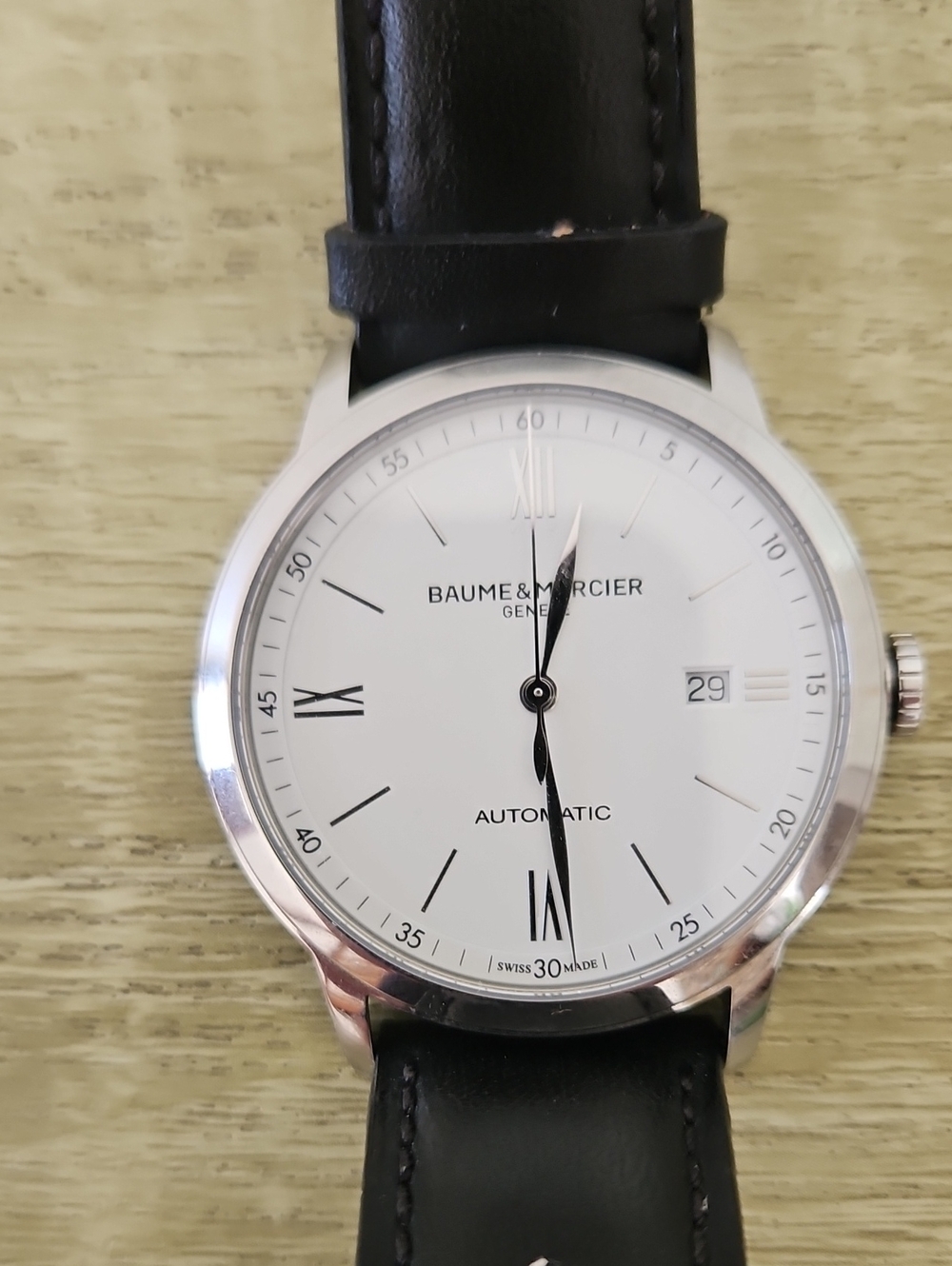 Men's Baume & Mercier Classima Black Leather Automatic Watch - White Dial